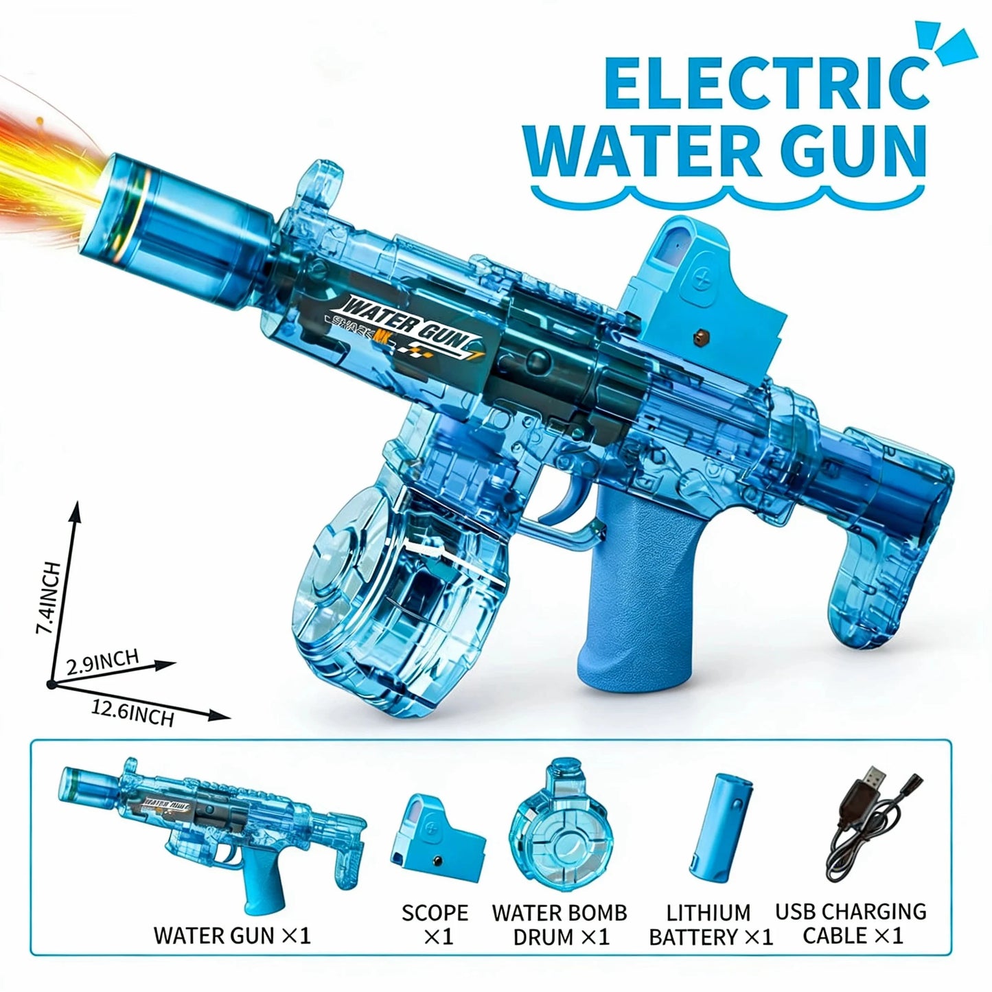 Electric Water Gun Toy with Simulated Firing & Recoil – Auto Sensor, LED Lights