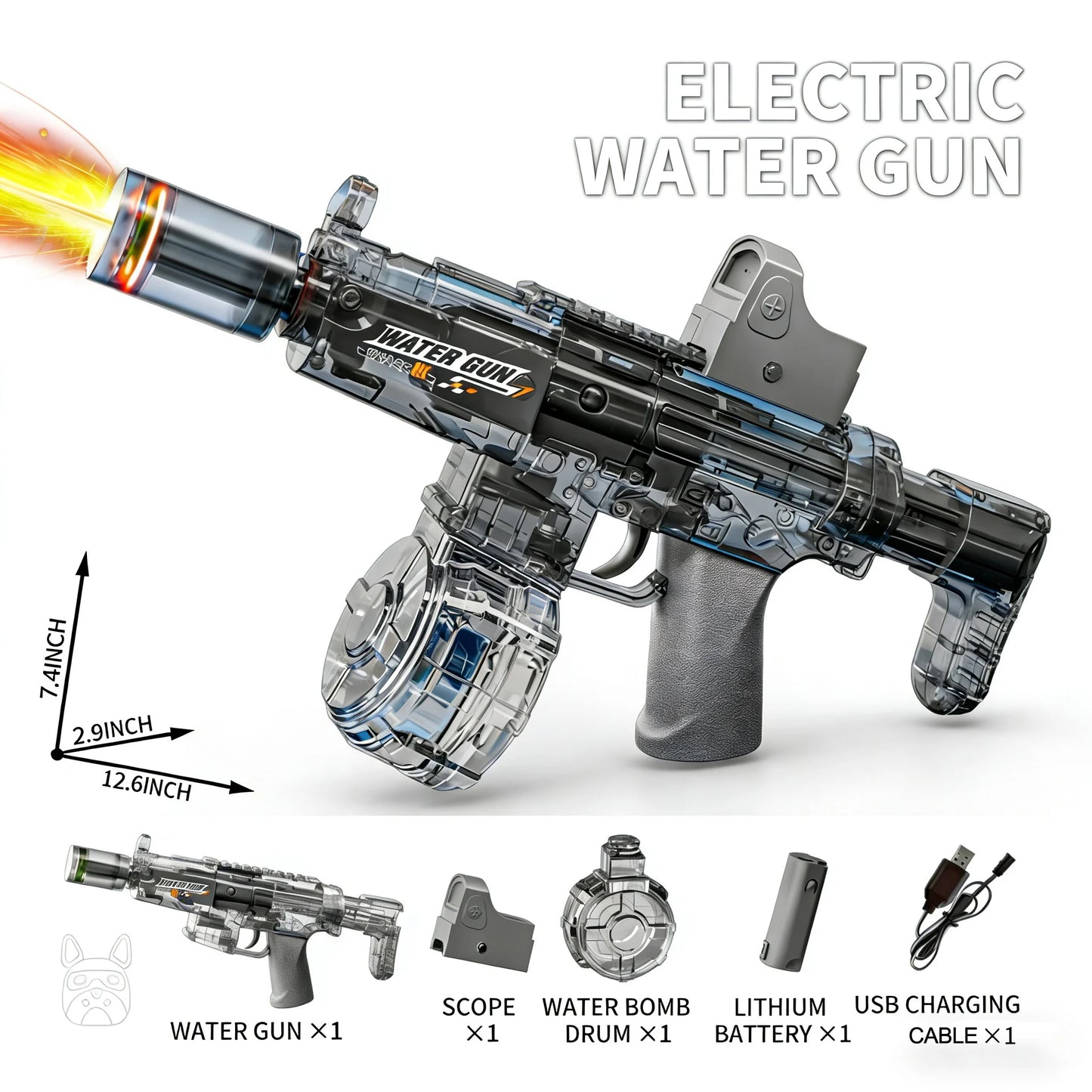 Electric Water Gun Toy with Simulated Firing & Recoil – Auto Sensor, LED Lights